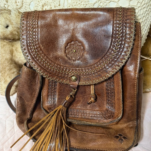Patricia Nash Brown distressed Leather Tassel Backpack with Floral Embossing - Picture 2 of 6